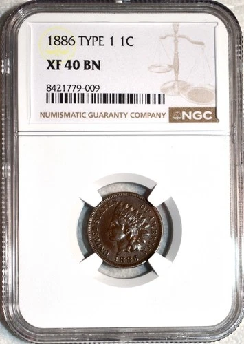 NGC XF-40 BN 1886 Type 1 Indian Head Cent, Glossy, Chocolate-Brown specimen.