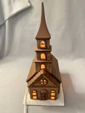 Vtg Byron Molds 1979 Ceramic Church Light Up Stain Glass Windows & Music Box.