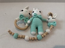 Handmade Crochet Amigurumi Bunny Baby Gift Set   Rattle, Teether  Pacifier Clip