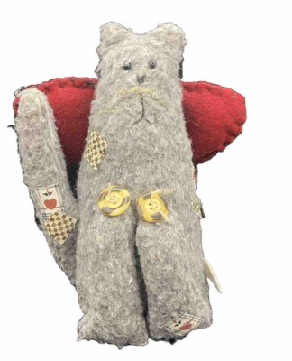 Adorable Kitty Cat Angel Bean Filled Plush Figure Patchwork Buttons Folk Art