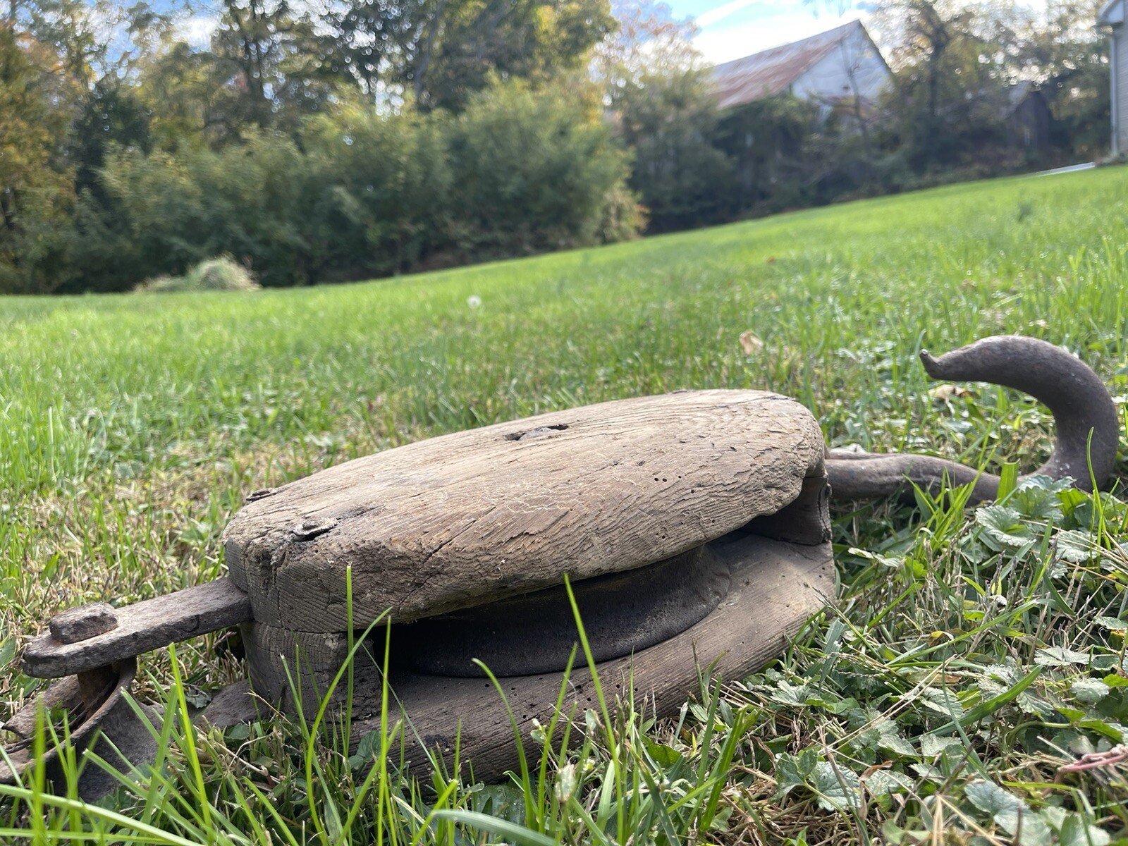 Vintage Weathered Wood Iron Block & Tackle Pulley Hook Barn Farm Picked