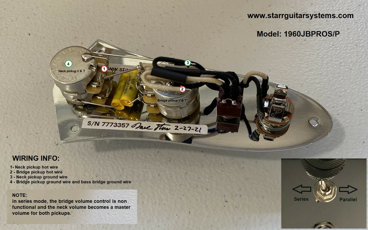 Fender Jazz Bass 1960’sスタイル 配線済みアッセンブリー 1960's Style wiring harness for Fender Jazz Bass with Series