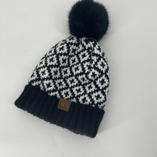 C.C Exclusive Diamond Knit Winter Warm Beanie with Faux Fur Pom NEW