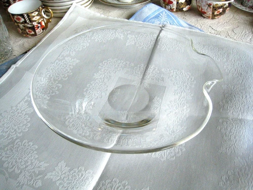 STEUBEN GLASS.. 9" DIAMETER PINCHED HANDLE  BOWL..MCM DESIGN..CLEAR, HAND FORMED