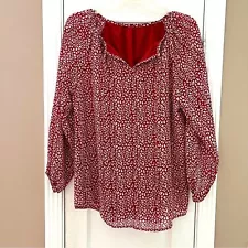 Red & White Print Lightweight V-Neck Long Sleeve Loose Blouse Size M