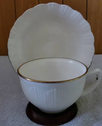 Vintage Set of 2 Milk Glass Tea Cup & Saucer with Embossed Design and Gold Trim