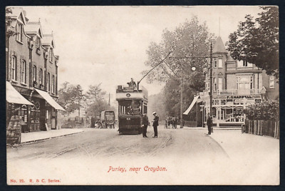 Postkarte Purley bei Croydon Surrey Straßenbahngeschäfte verschickt 1904