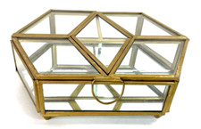 Glass Brass Box Vintage Beveled Mirrored Bottom Footed W/Hinged Lid