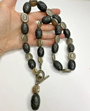 Chunky Black Lava Stone Necklace Silver Tone Rose Bead Toggle 28" Long