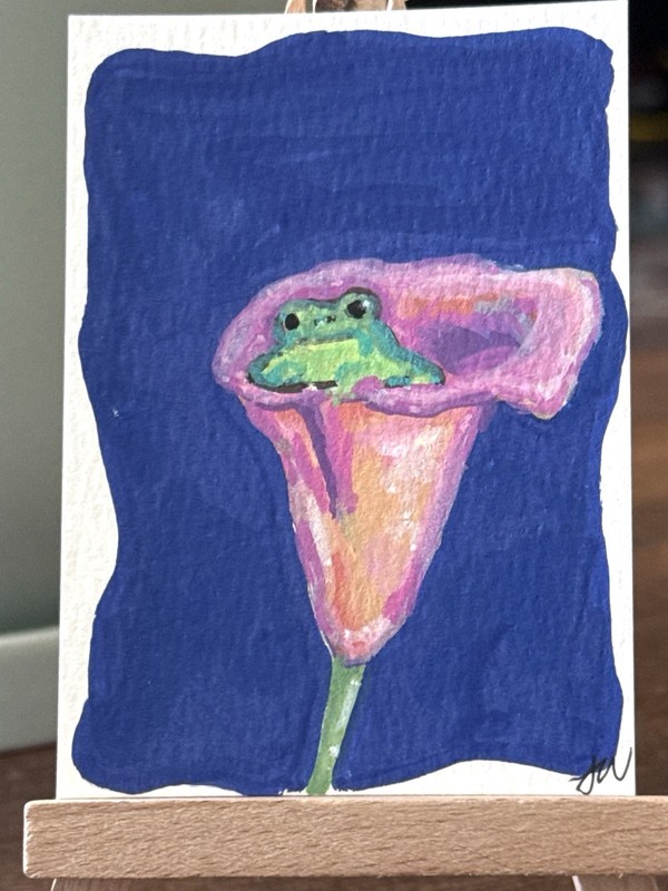 ACEO artist trading card “Daisy the tiny frog”2.5x3.5”, acrylic markers on paper