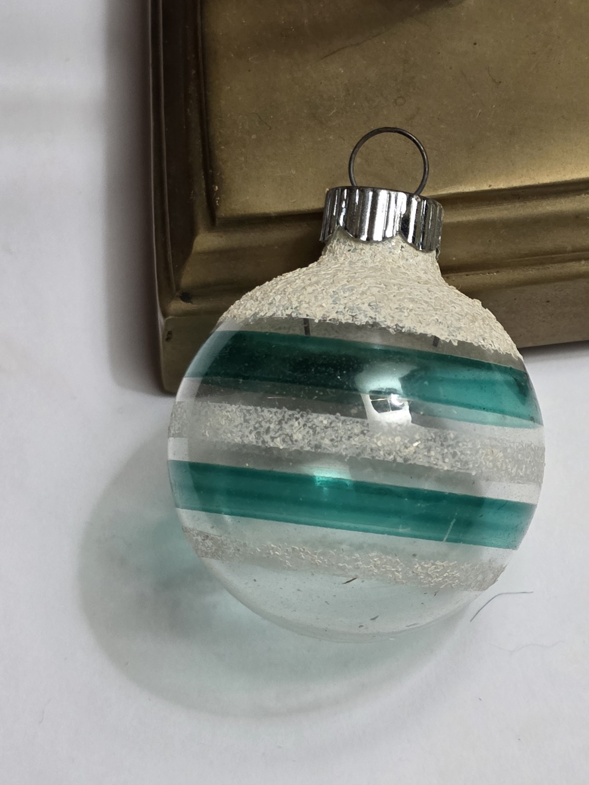 VINTAGE SHINY BRITE WWII UNSILVERED mica Glitter Blue Stripe Christmas Ornament