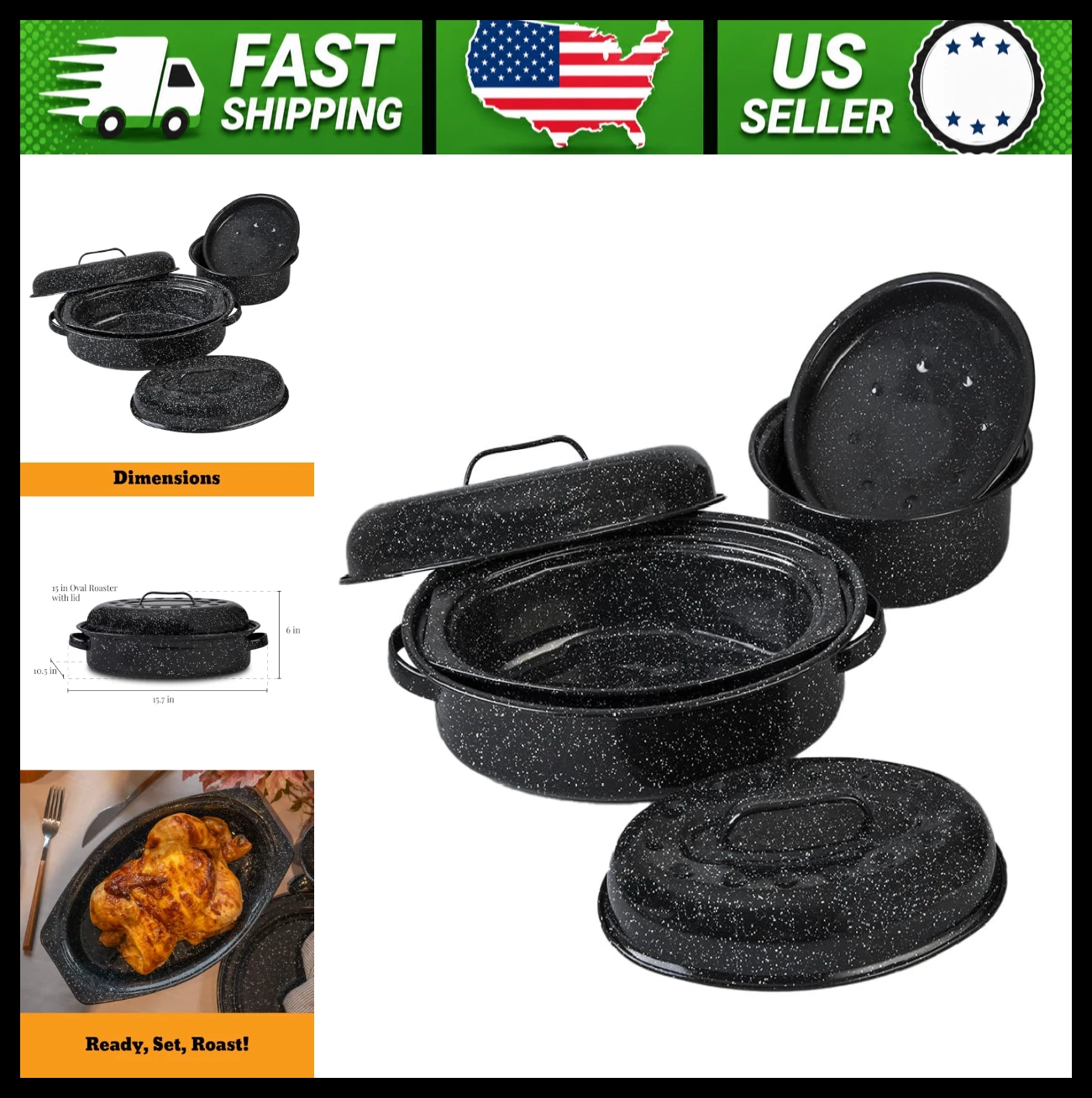 Granite Ware Covered Oval Roasting Set, Enameled Steel, 13in & 15in