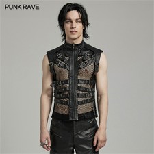 PUNK RAVE Men Black Gothic Punk Handsome Mesh Leather Loop Hollow Vest Waistcoat