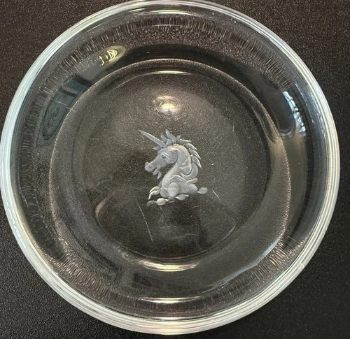 Steuben Signed Engraved Unicorn Crystal Dish Hand Carved Art Glass Bowl