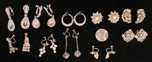 Vintage 10 Pairs Mid-Century Costume Jewelry Sparkly Rhinestone Clip-On Earrings