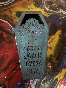 Hand Painted Coffin with Spell Jar and Candle New Wooden Witch Spells