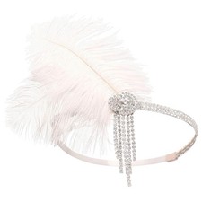 1920s Flapper Headpiece White Feather Headband Rhinestone Tassel Roaring 20s