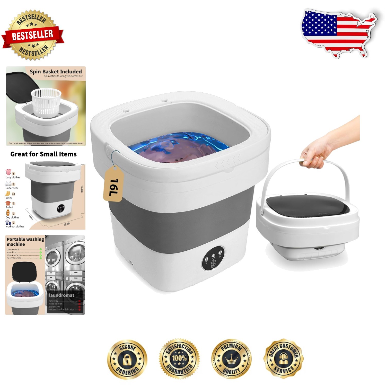 Portable 16L Mini Washing Machine with Foldable Design and Deep Clean Modes for Travel