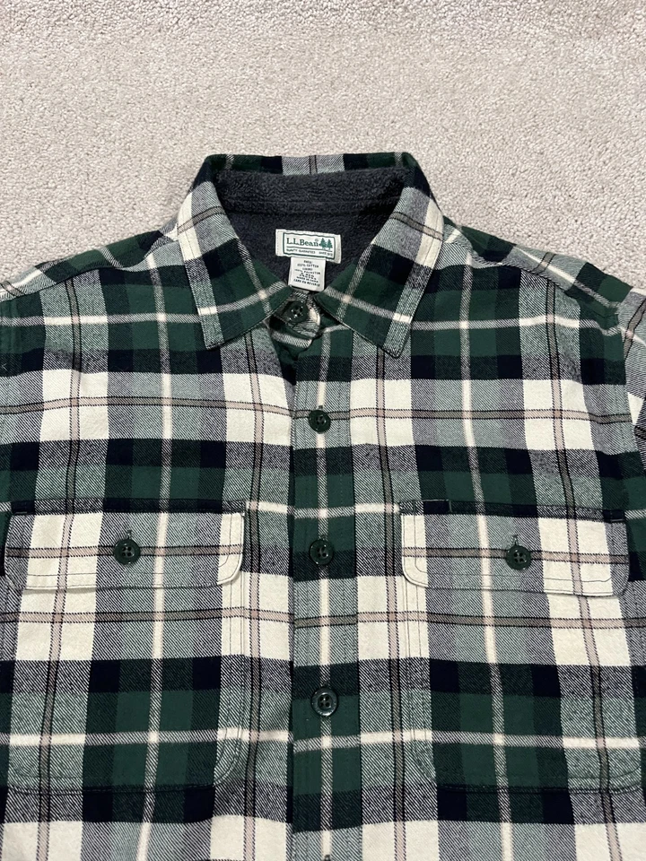 LL Bean Shirt Mens Small Fleece Lined Flannel Shacket Green Plaid Outdoor Hiking - Image 2 of 4