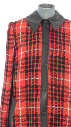 Checked Vintage Coat Tweed Wool Red Real Leather Trim Terry Paris size UK 10 - Picture 3 of 14