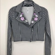 Knit works Little  girls jacket Size 14 Cropped Gingham With Floral Embroidery.