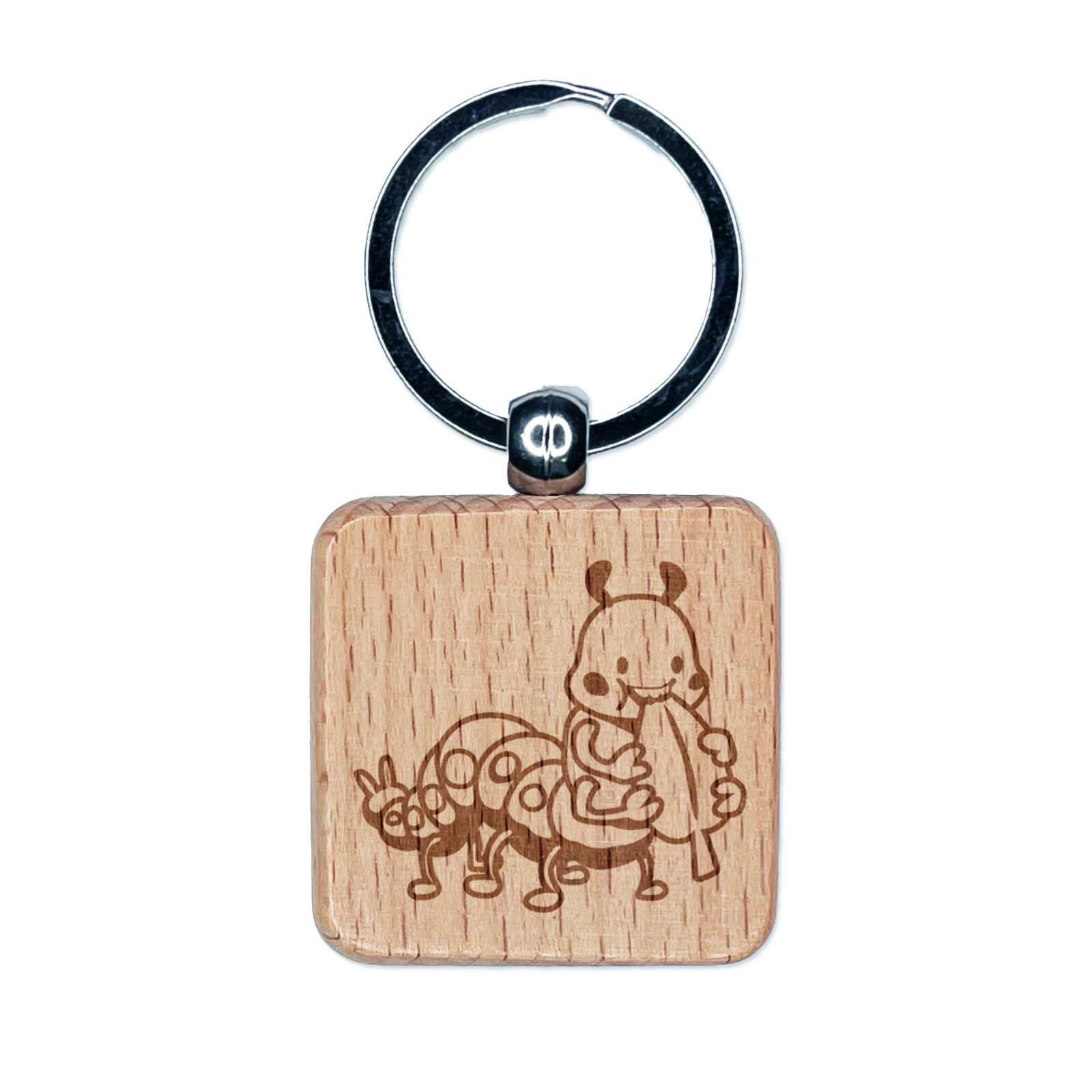 Hungry Caterpillar Eating Leaf Engraved Wood Keychain Charm  