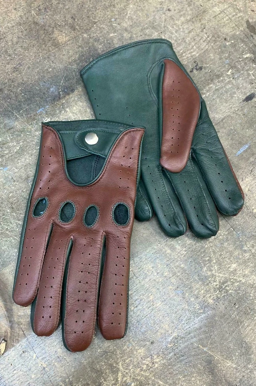 Men's Handmade Lambskin Brown & Green Napa Leather Driving Gloves