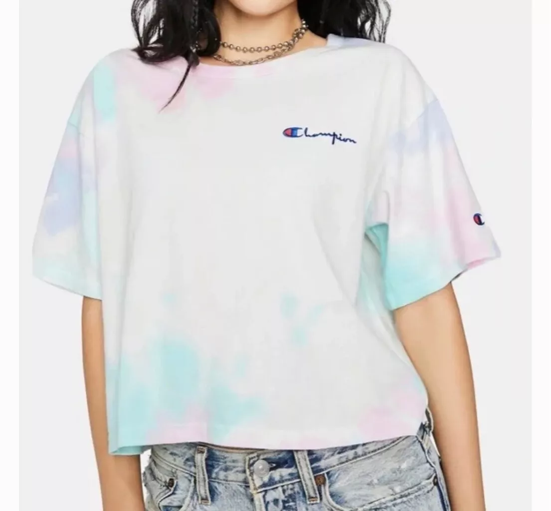 Champion NWOT XS oversized dye crop short sleeve boxy top pink blue | eBay