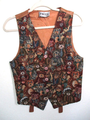 Facets by Mirrors Tapestry Vest Teddy Bears - Button Closure - Size PM