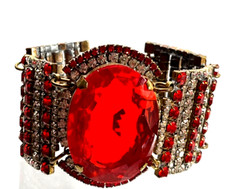 Vintage Red/Clear Rhinestone Braclet 7" Long W/Large Center Red Stone
