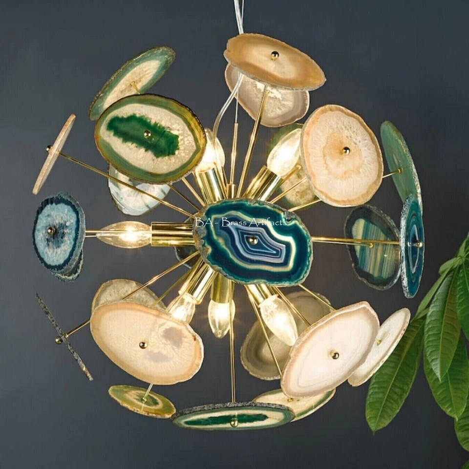 1950 CENTURY BRASS GREEN AGATE STONE URCHIN SPUTNIK CHANDELIER VINTAGE STILNOVO - Image 4 of 4