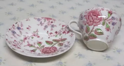 Johnson Brothers England ROSE CHINTZ PINK ivory Cup & Saucer Set LARGE ceramic