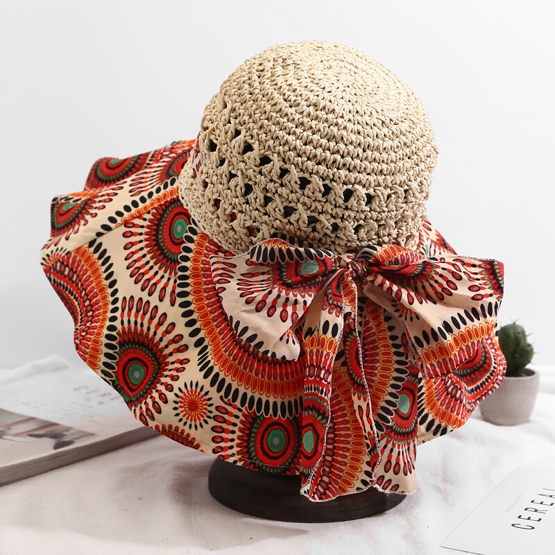 Lady Wide Brim Bucket Hat Cutout Hollow Straw Ethnic Flower  display picture 3