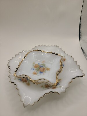 Milk glass set of 3 dishes sawtooth edges with transfer ware florals gold trim. 