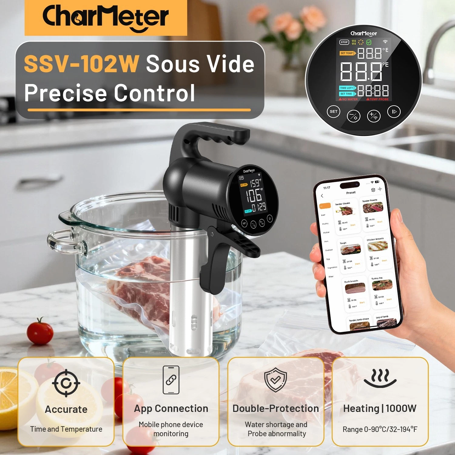 1000W Sous Vide Precision Cooker Immersion Circulator Double Protection 2.4G WiF
Opens in a new wind