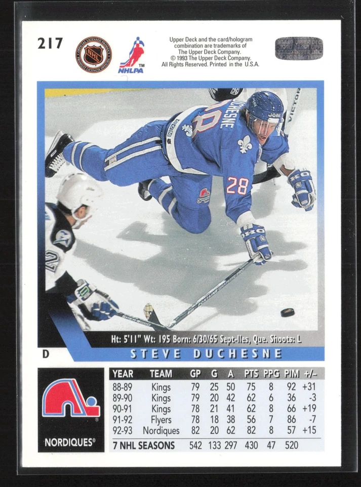 1993-94 Upper Deck #217 Steve Duchesne Quebec Nordiques - Image 2 of 2