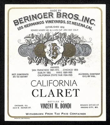 Beringer Bros. “California Claret” Label c1934-36 w/ Silver & Gold Ink Medallion - Image 1 of 2