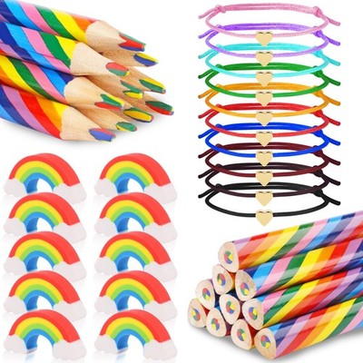 30-teiliges Set Regenbogenstifte 10 Buntstifte, 10 Radiergummis, 10 Armbänder