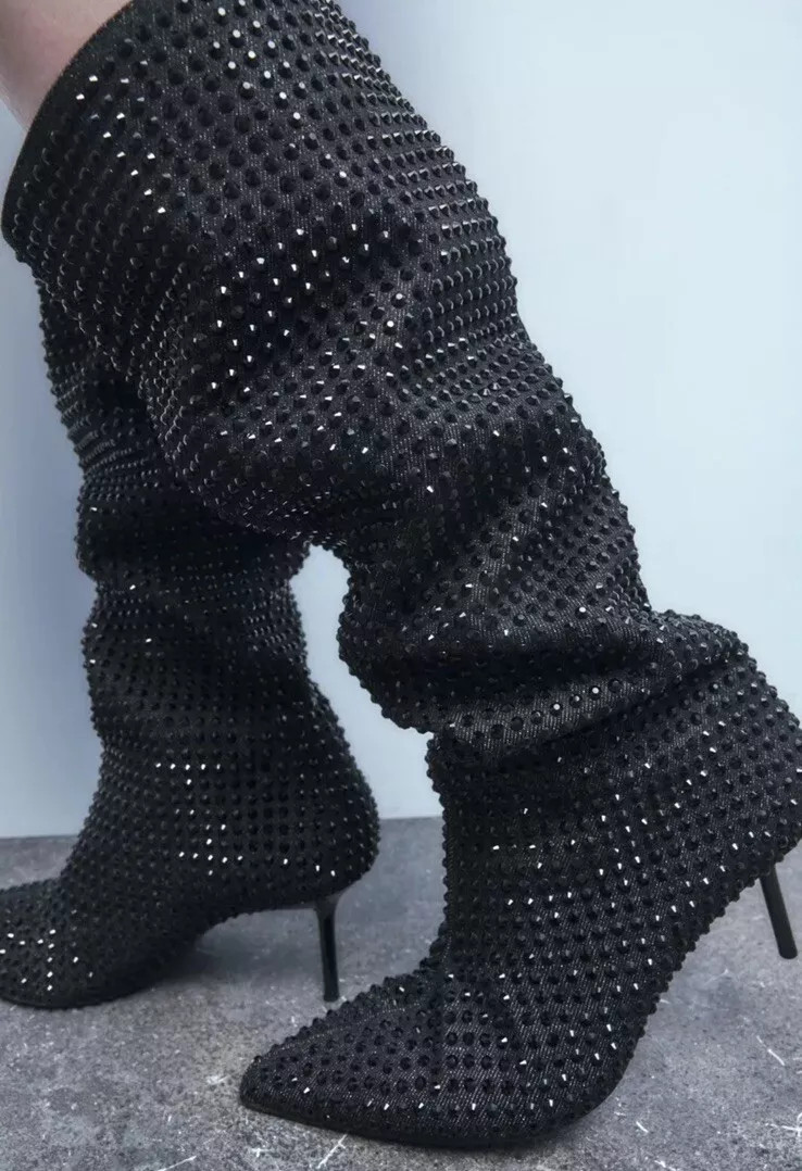 BNWT ZARA Black Rhinestone Denim Knee High Heel Boots Size 4/37