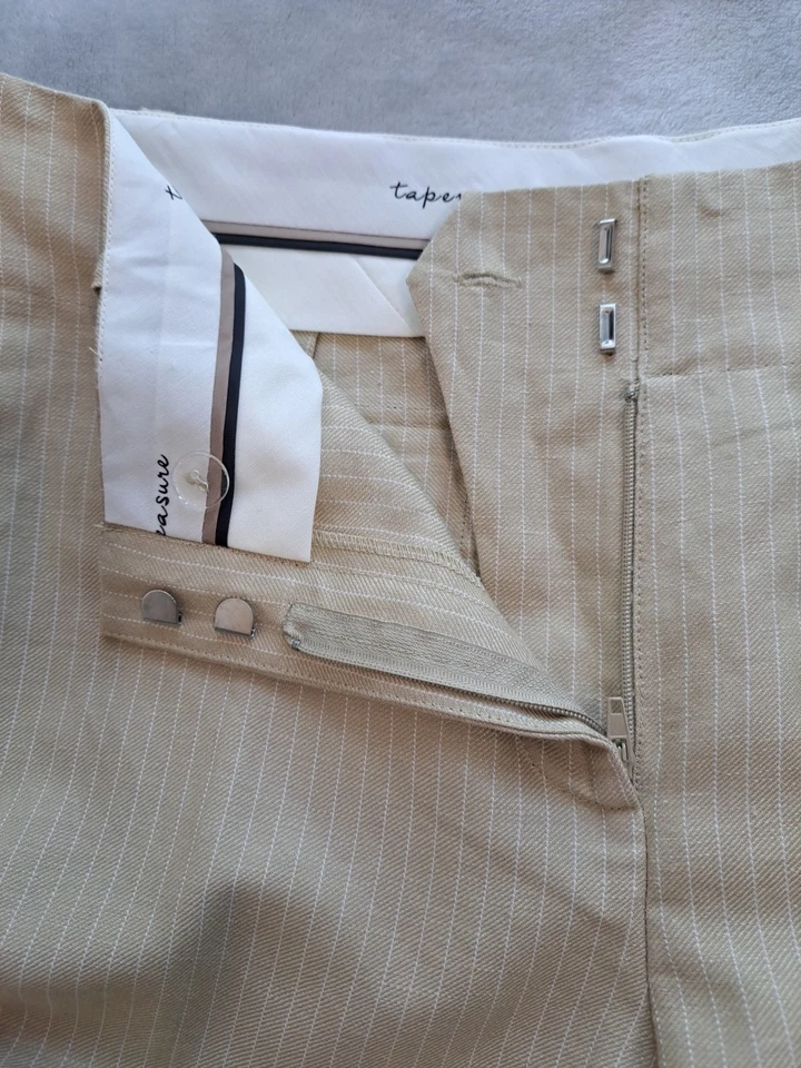 Pantalones para mujer cinta métrica beige a rayas mezcla de lino oficina carrera estilo 10 Foto 4 de 4