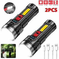 2 Pack USB Rechargeable LED Torch Flashlight 4 Modes Camping Hiking Emergency Li