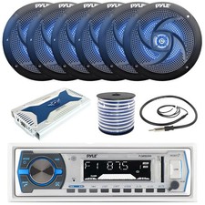 Pyle PLMRB29W Marine Receiver, 6x 6.5'' Blue LED Speakers w/ Wire, Amp, Antenna