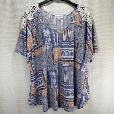 Stem & Vine 3X Plus Size Tunic Blue Top Crochet Lace Short Sleeve Stretch Casual