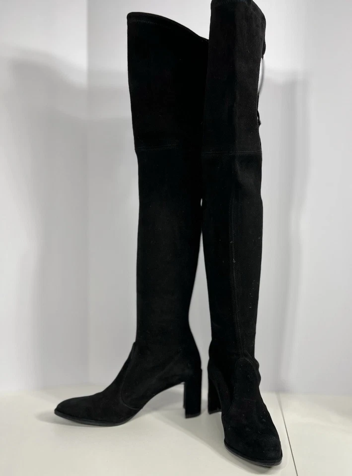 Botas por encima de la rodilla Stuart Weitzman para mujer 6M negras gamuza tacón bloque Foto 4 de 4
