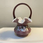 Fenton Hand Blown Glass Plum Ruffled Basket Hand Painted Signed UV Glow w/365nm