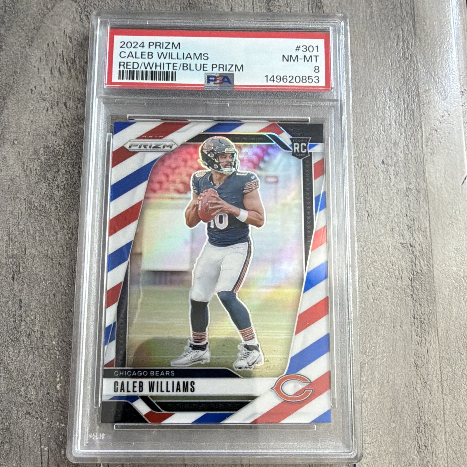 Panini 2024 Prizm Rookies Caleb Williams #301 Red White & Blue Prizm RC PSA 8