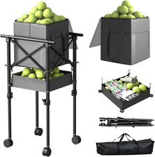 Tennis Ball Hopper with Wheels - Height Adjustable Foldable Tennis Ball Basket w