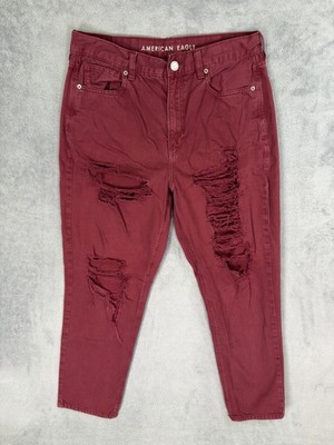 American Eagle Jeans Womens 12 Red Mom Relaxed High Rise Distressed Denim