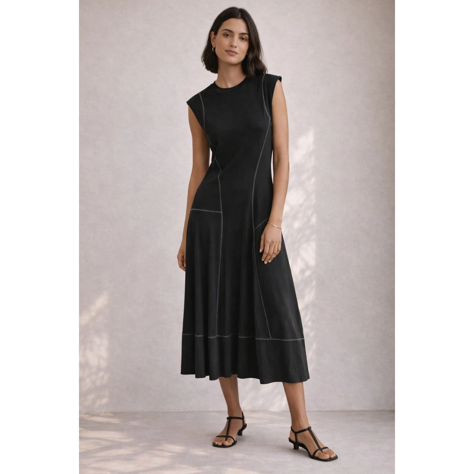 Tibi T-Shirt Sleeveless Midi Dress Crewneck Flared Hem Black 100% Cotton Size XL