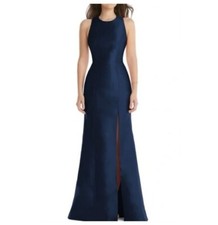 NEW Alfred Sung Size 12 Midnight Navy Jewel Neck Bowed Open-back Formal Dress 